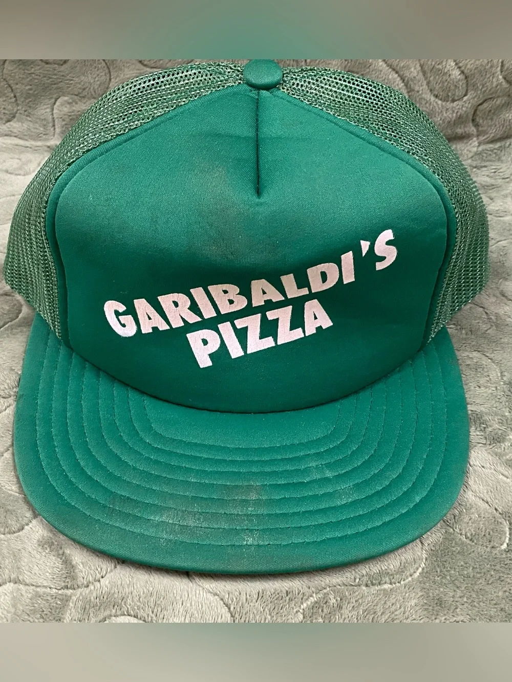 Rare Vintage 80s Garibaldi’s Pizza SnapBack Trucker Hat, Green Mesh